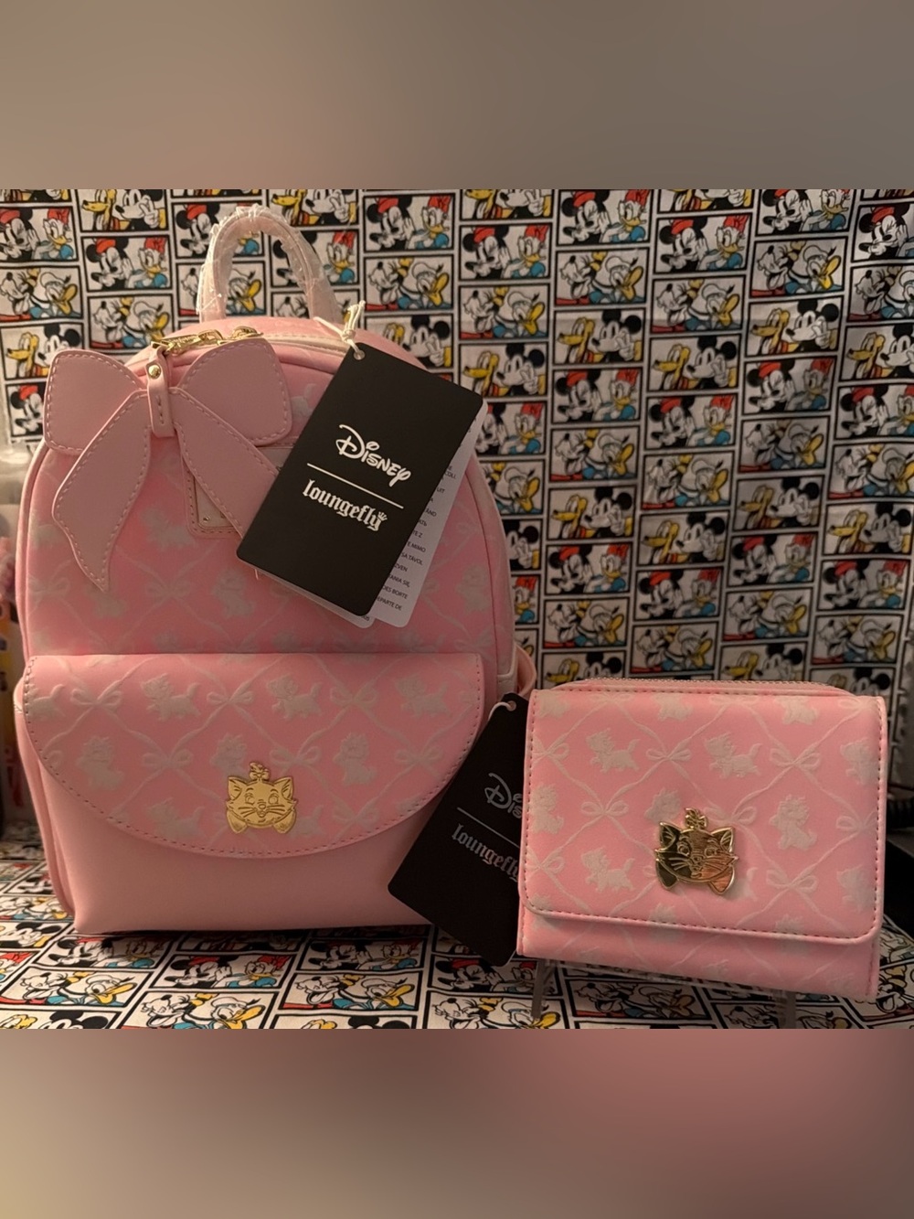 LOUNGEFLY DISNEY THE ARISTOCATS MARIE BOWS ALLOVER MINI BACKPACK WALLET NWT2026